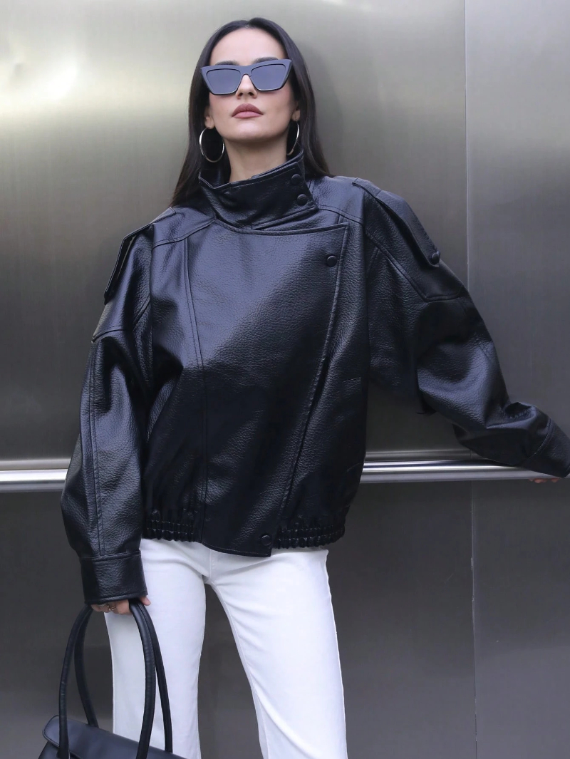 Woman's Leather Stand-Collar Oversized Jacket with Epaulet & Drawstring Hem