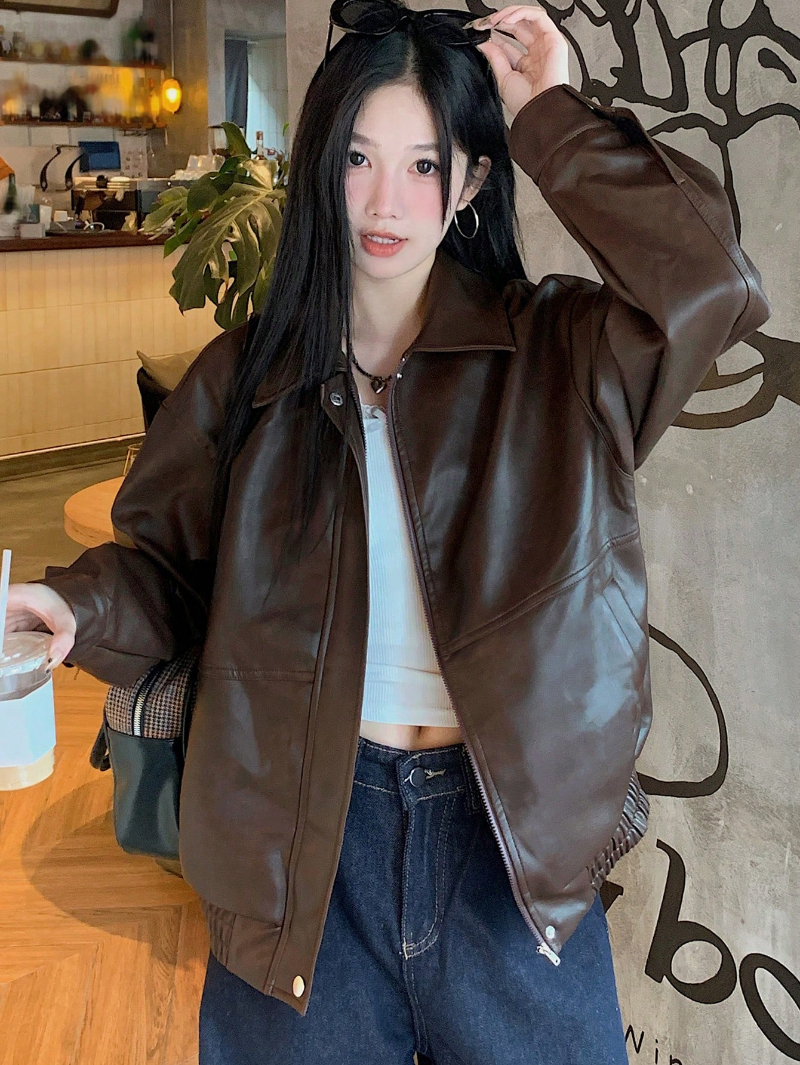 Woman's PU leather loose casual jacket with front zipper