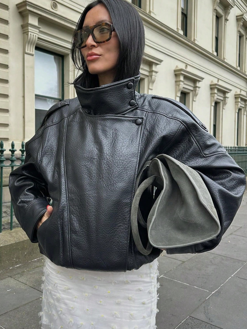 Woman's Leather Stand-Collar Oversized Jacket with Epaulet & Drawstring Hem