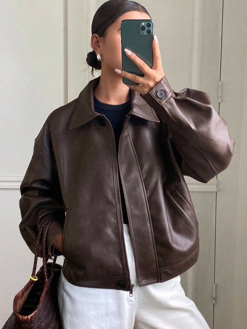 Woman's Vintage-Style Leather Classic Collar Zip-Up Jacket