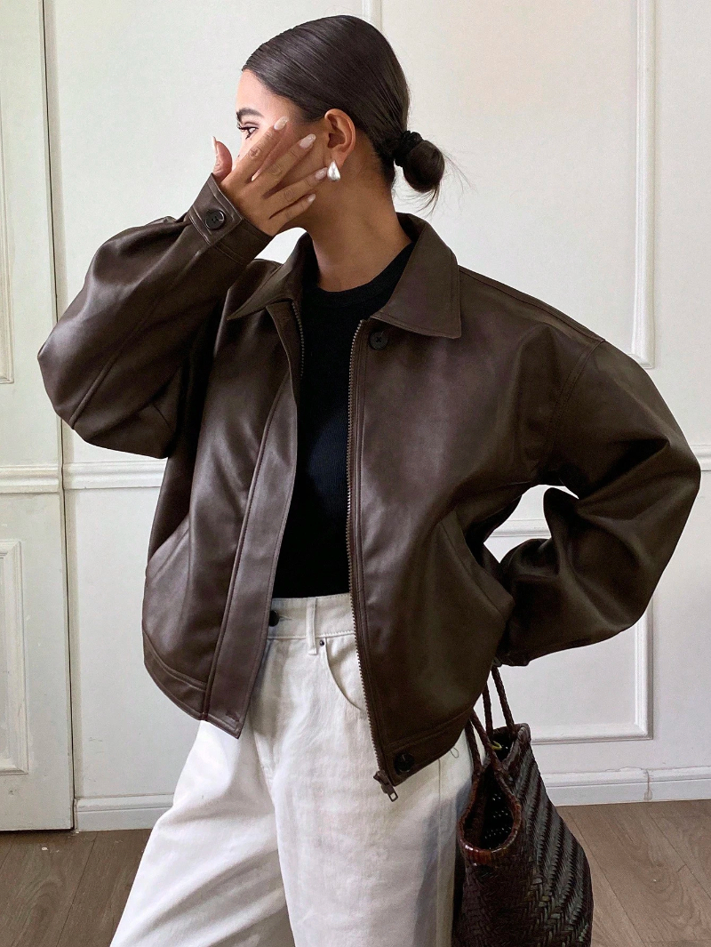 Woman's Vintage-Style Leather Classic Collar Zip-Up Jacket