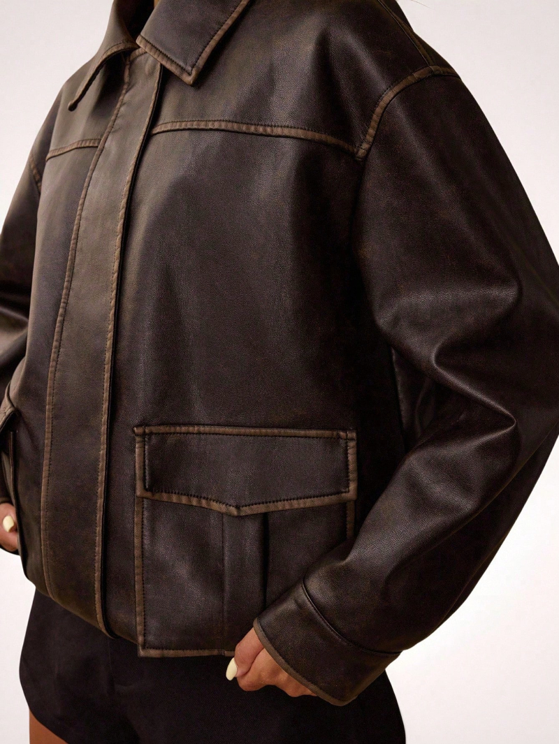 Woman's Vintage Workwear-Style Leather Classic Collar Contrast-Stitch Cropped Jacket