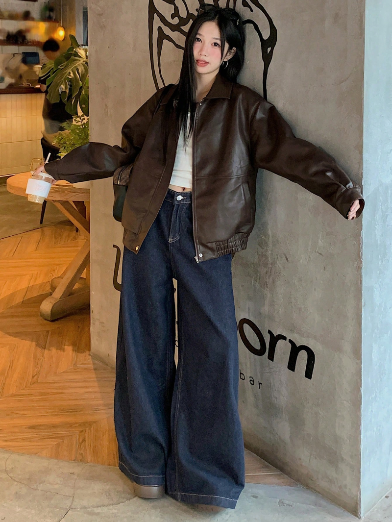 Woman's PU leather loose casual jacket with front zipper