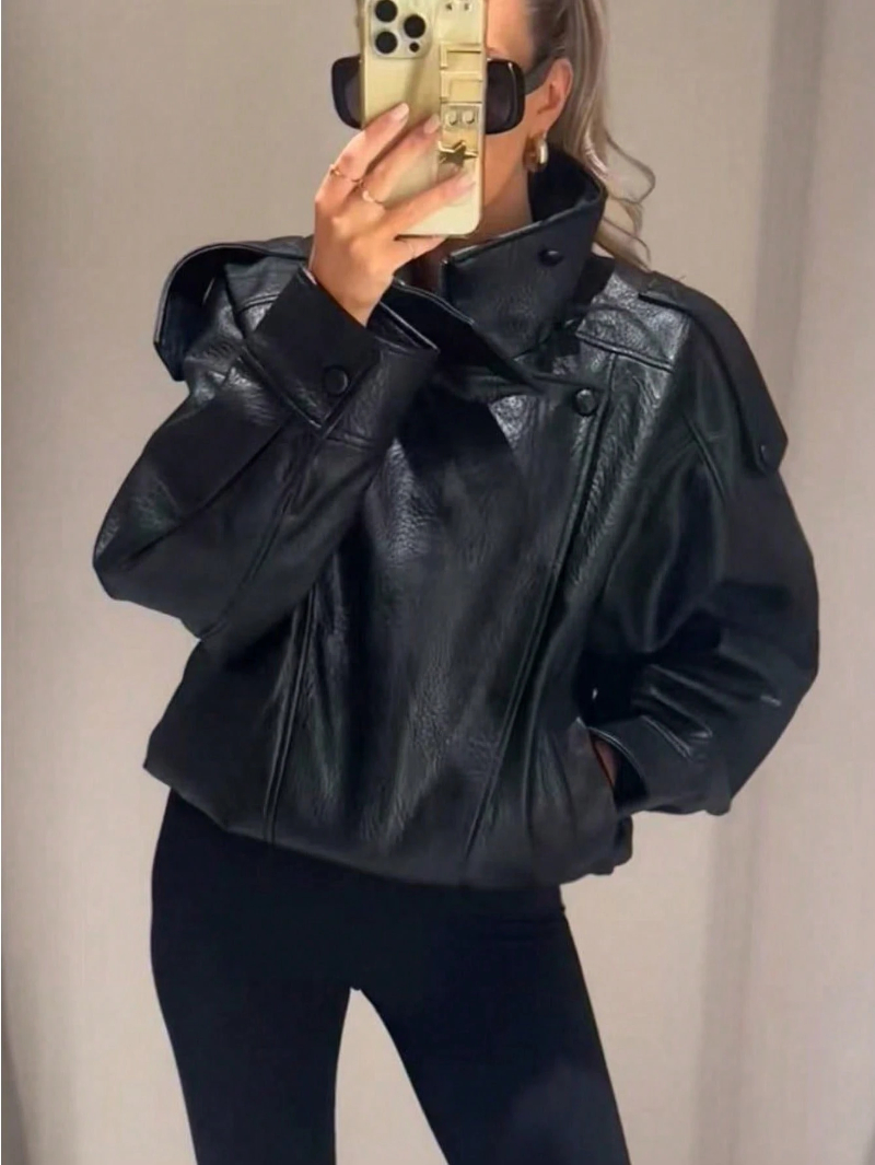 Woman's Leather Stand-Collar Oversized Jacket with Epaulet & Drawstring Hem