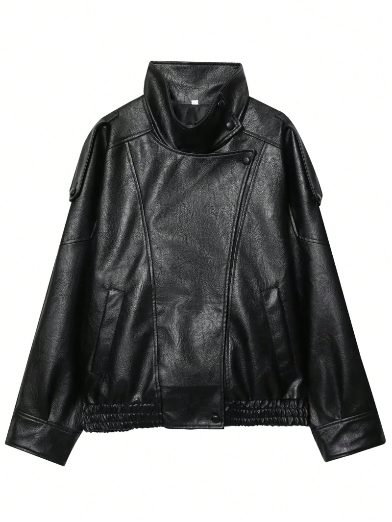 Woman's Leather Stand-Collar Oversized Jacket with Epaulet & Drawstring Hem