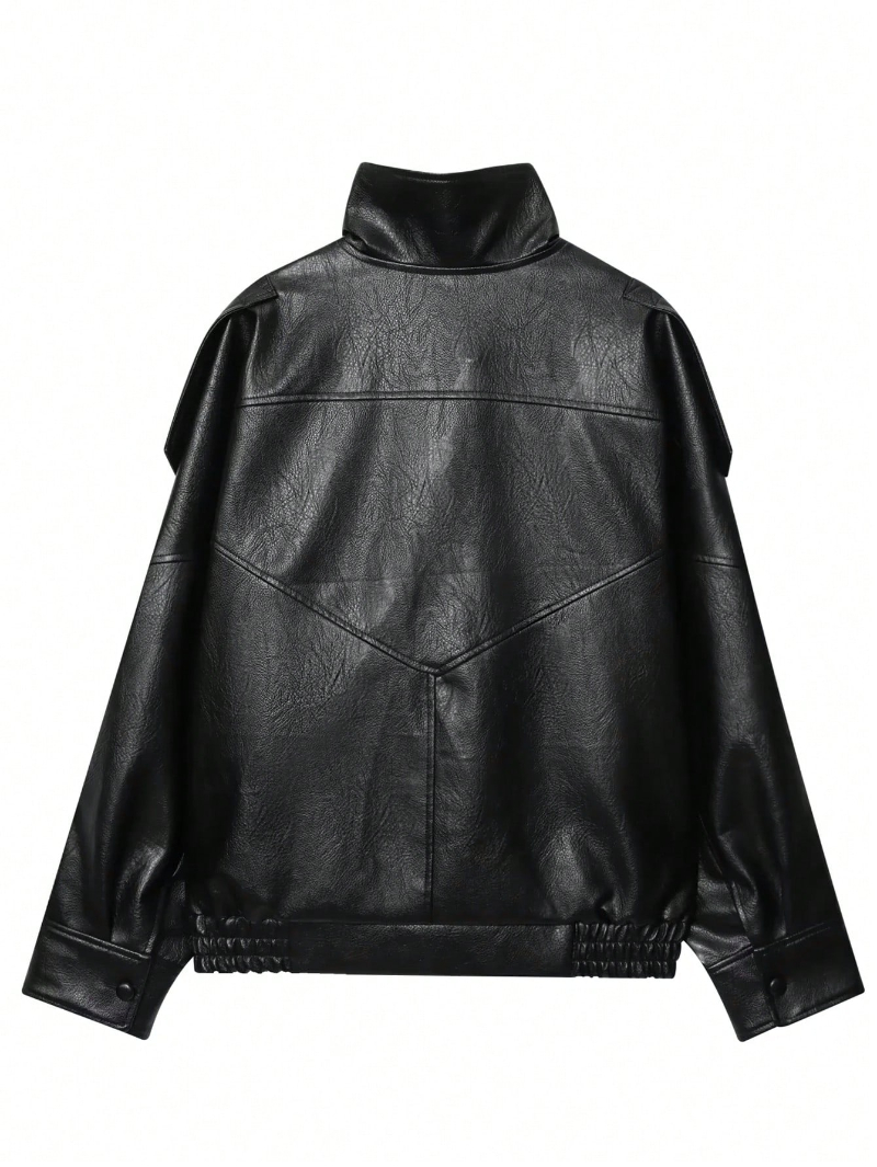 Woman's Leather Stand-Collar Oversized Jacket with Epaulet & Drawstring Hem
