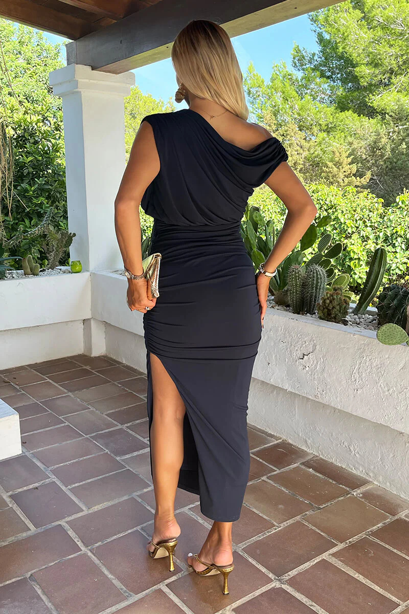 One Shoulder Off-Shoulder Ruched Waist-Cinched High Slit Midi Dress