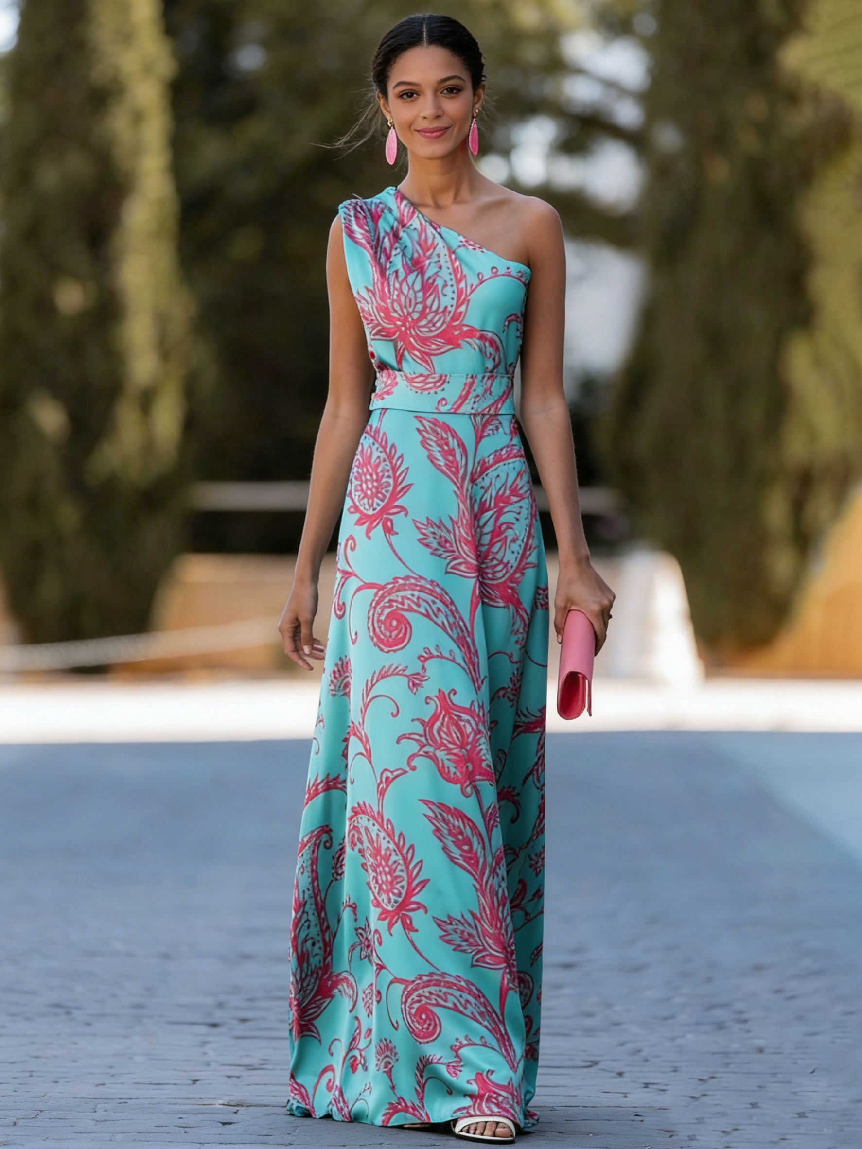 Satin Paisley Print One Shoulder Flowy Maxi Dress