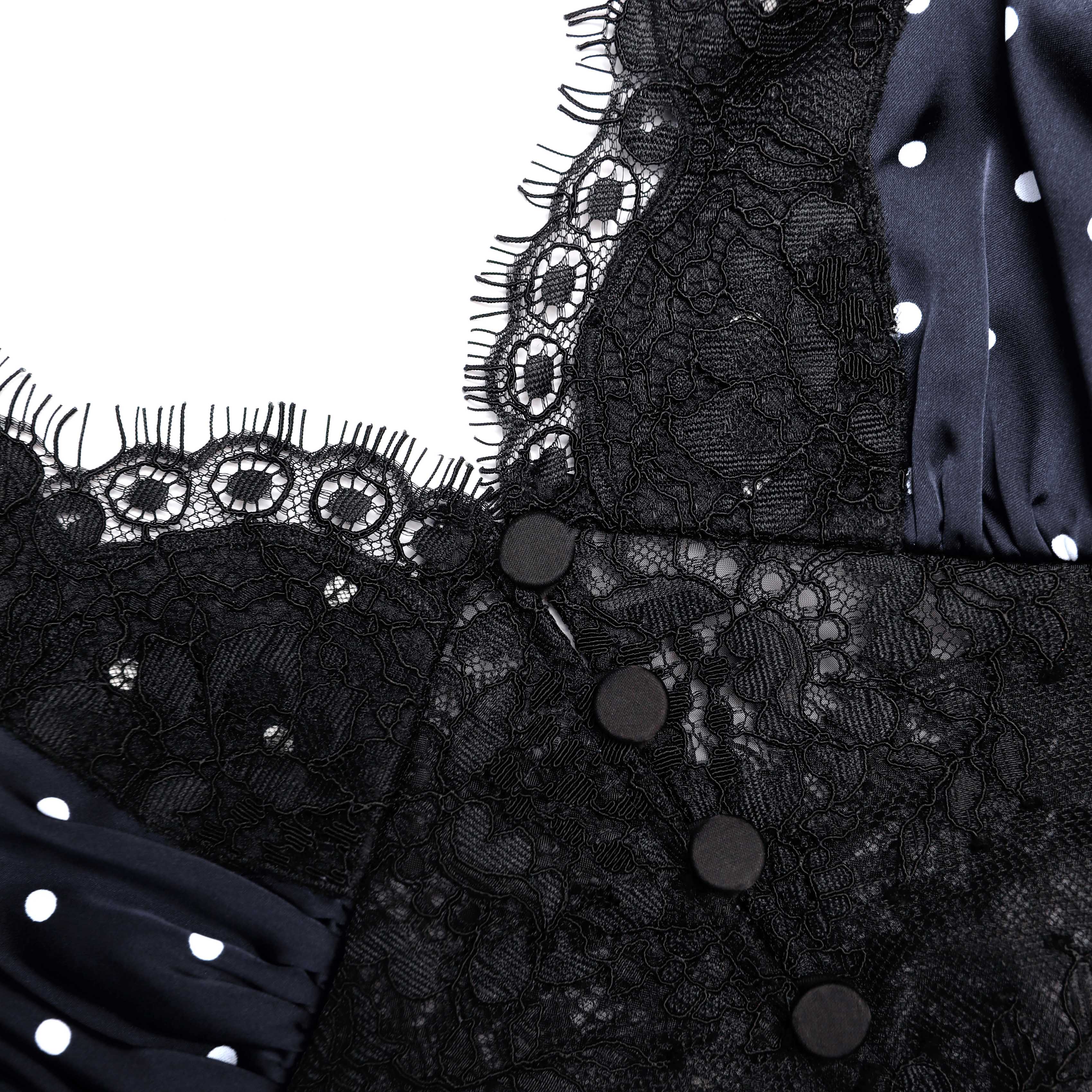 Woman's Vintage Sexy Style Polka Dot Satin Spaghetti Strap Dress: Lace Paneled Backless Maxi Formal Dress