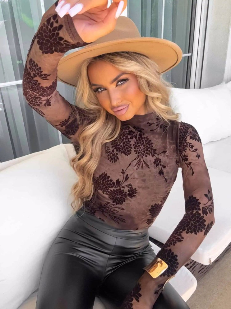 Woman's Mock Neck Sheer Long-Sleeve Fitted Top