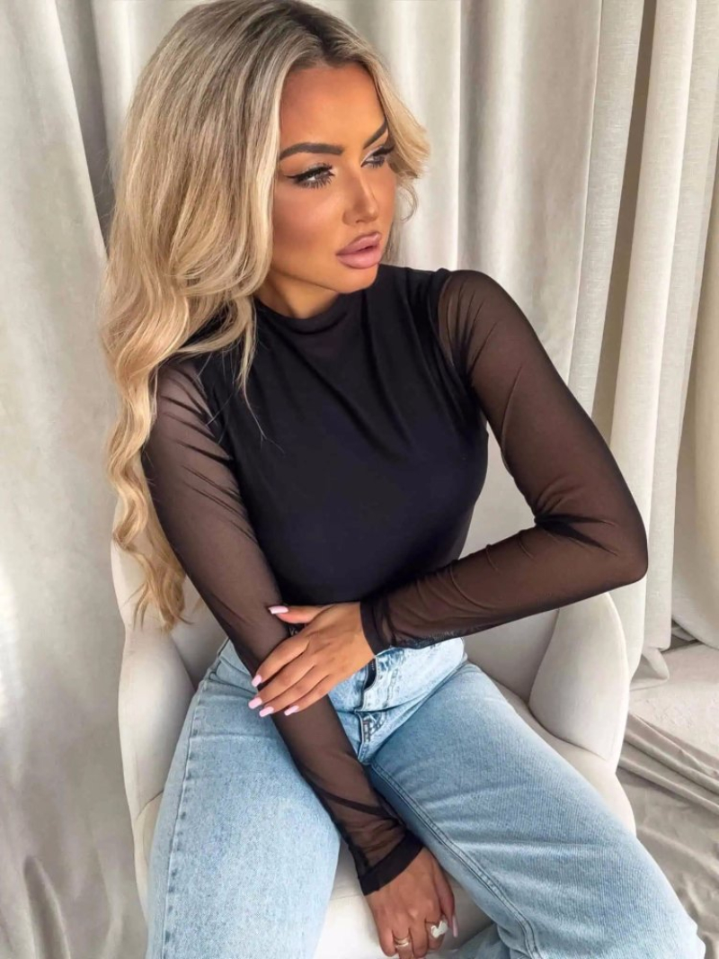 Woman's Mock Neck Sheer Long-Sleeve Fitted Top