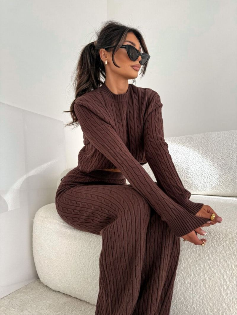 Woman's Cable Knit Co-ord Set with Cropped Sweater and Flared Pants