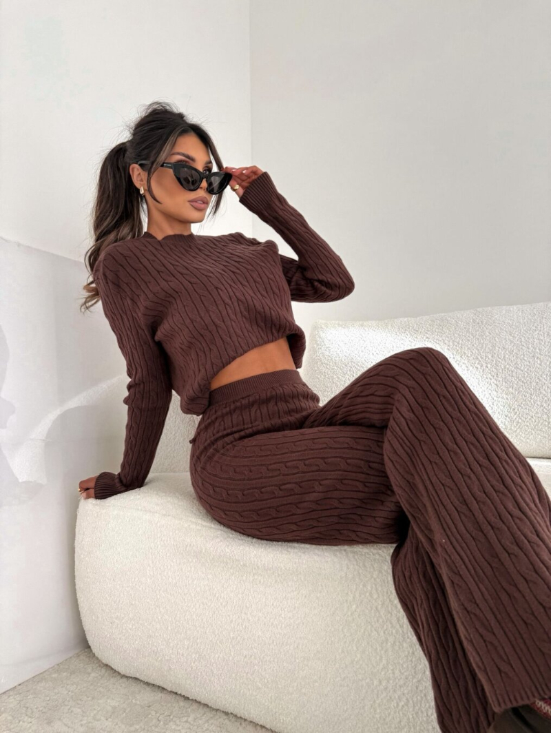 Woman's Cable Knit Co-ord Set with Cropped Sweater and Flared Pants