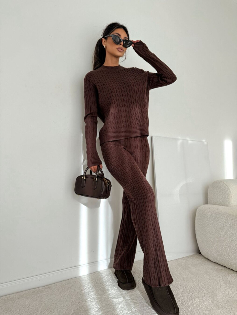 Woman's Cable Knit Co-ord Set with Cropped Sweater and Flared Pants
