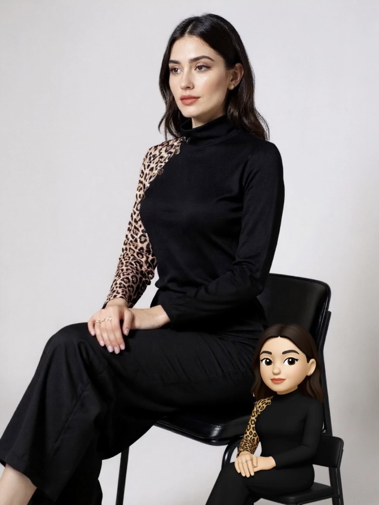 Women's Black Turtleneck Top with Leopard Print Panel and Button Detail