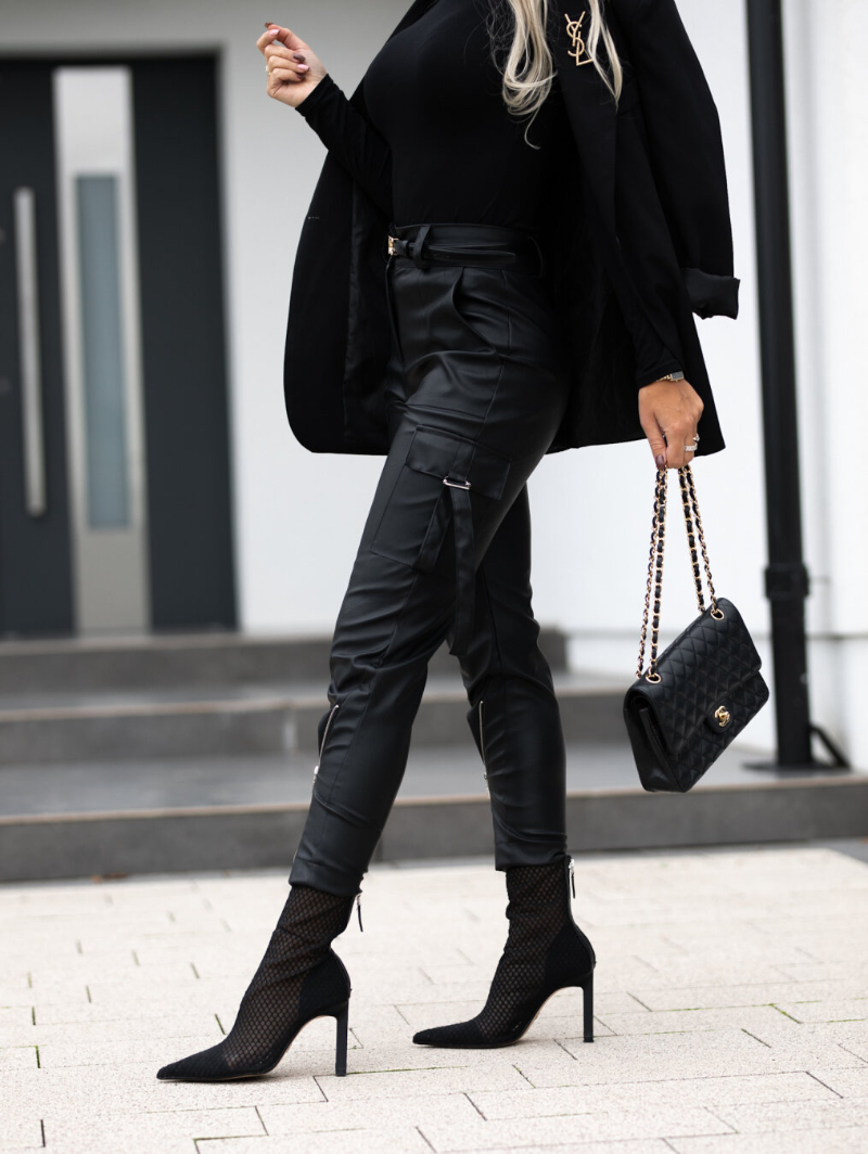 Woman's Leather Cargo Pants with Pocket Details & Zipper Accents