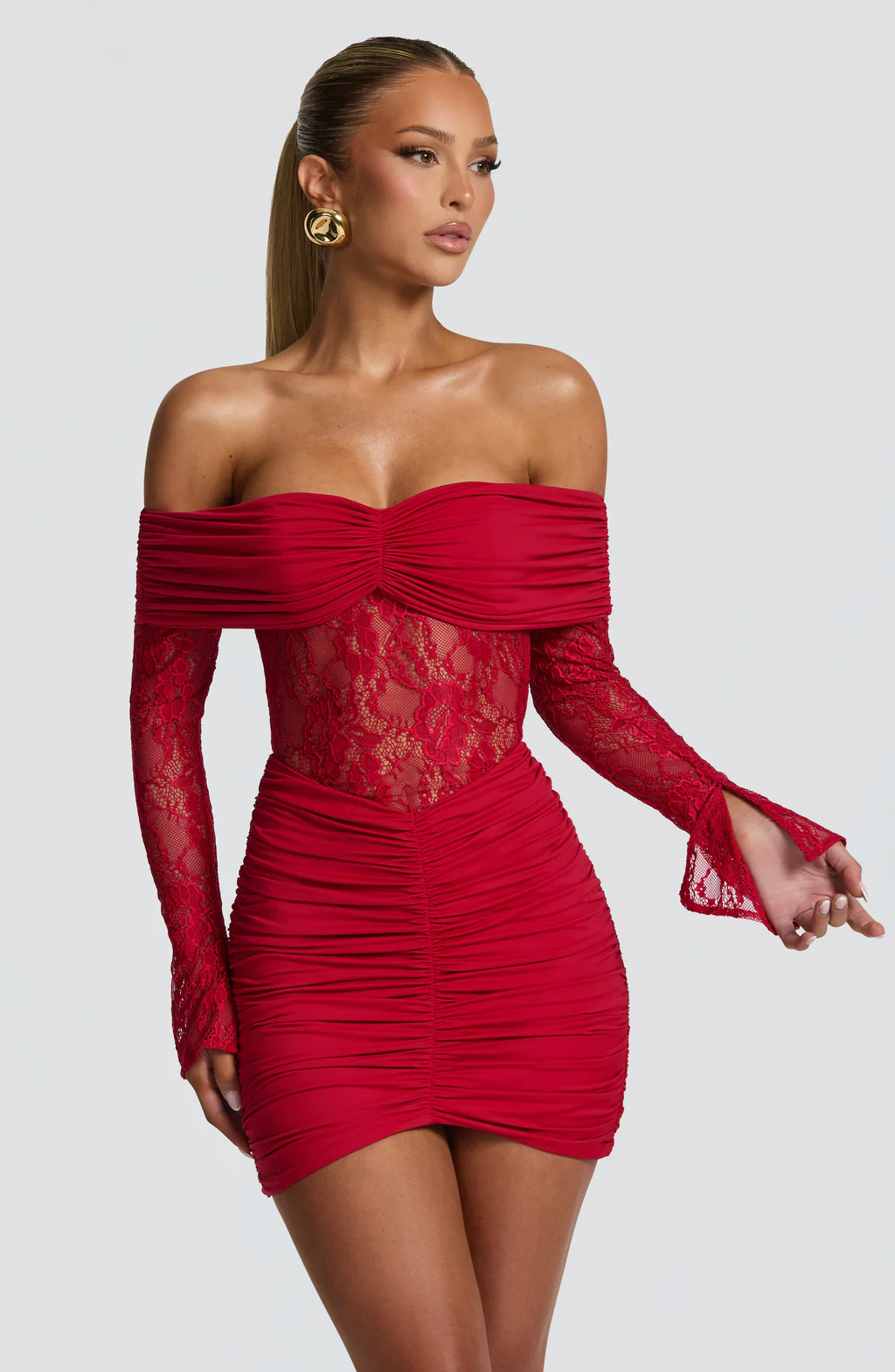 Women's Glam Off Shoulder Long Sleeve Lace Panel Ruched Mini Dress for Party