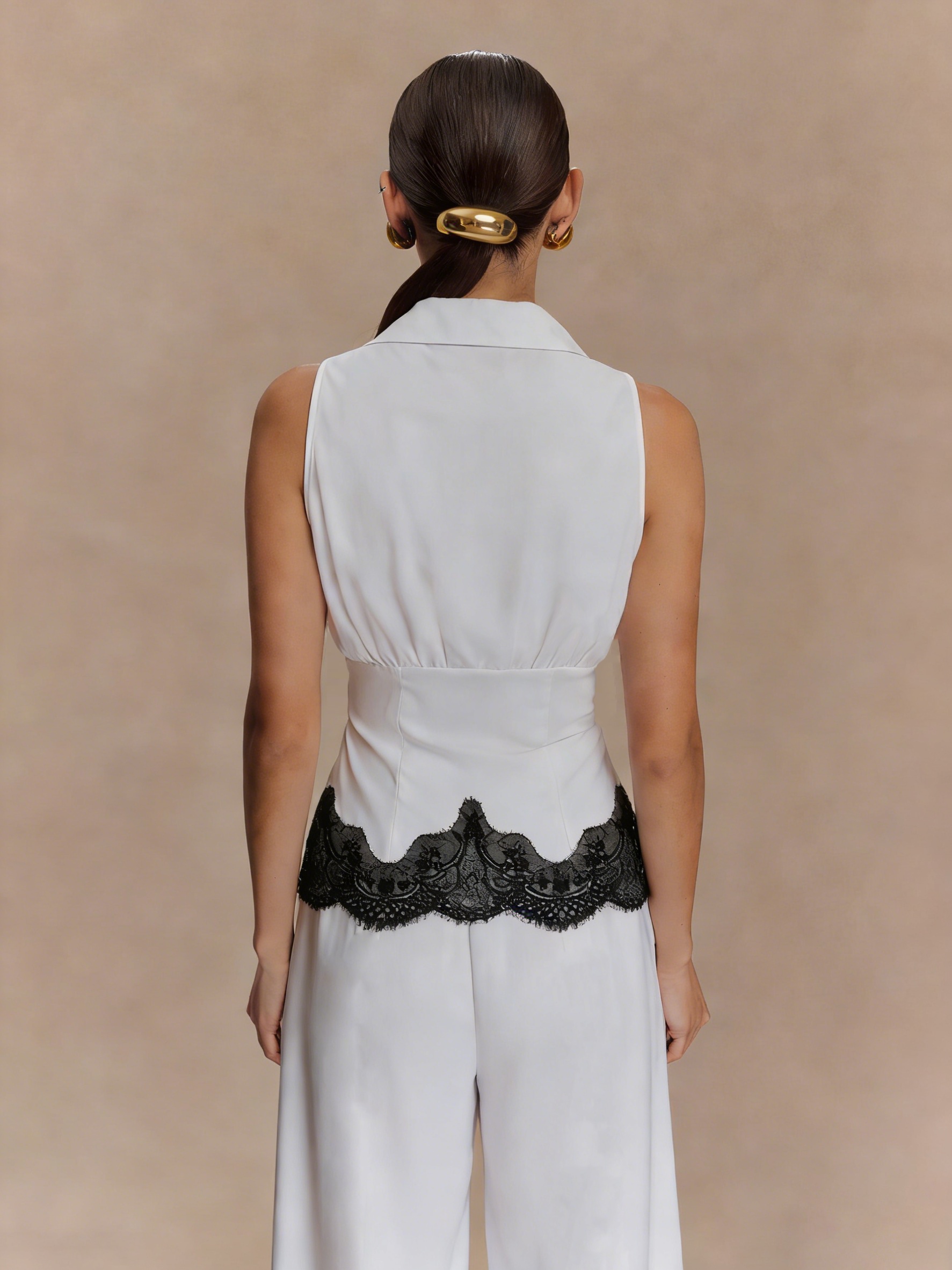 Women's Elegant Sleeveless High Neck Bow Detail Ruched Lace Trim Blouse