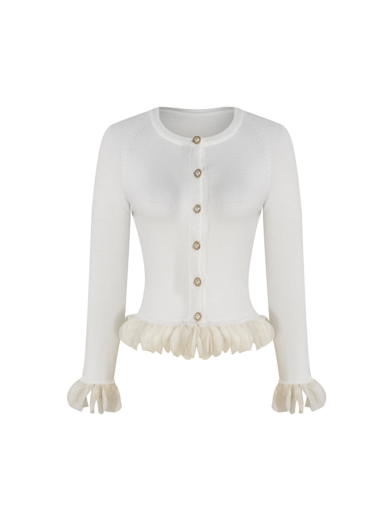 Women's White Knitted Cardigan with Gold Buttons, Ruffled Hem & Cuffs