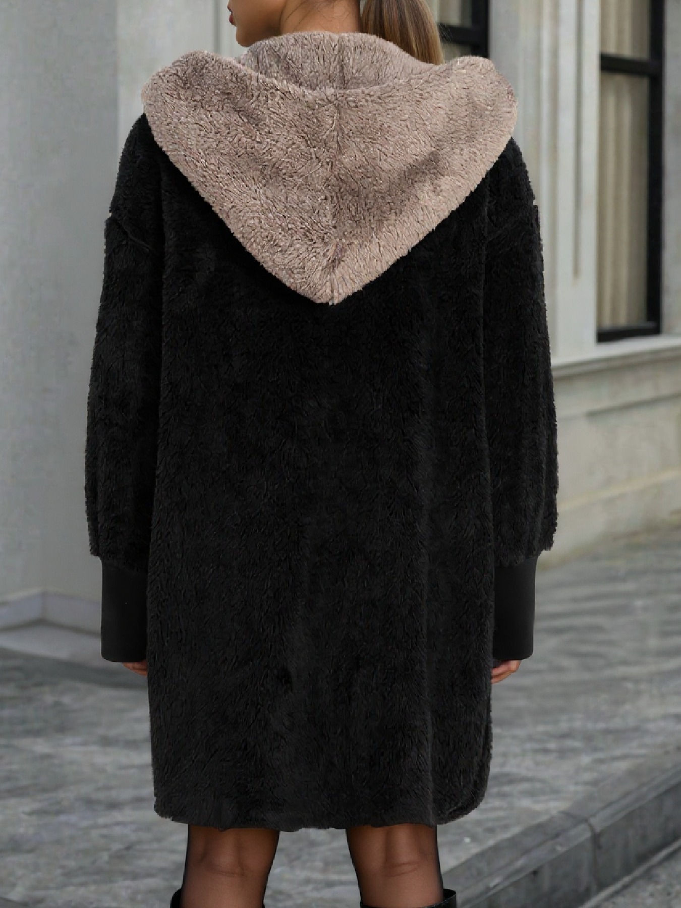 Collision-colored hooded fleece cardigan for women Loose large warm medium-length coat