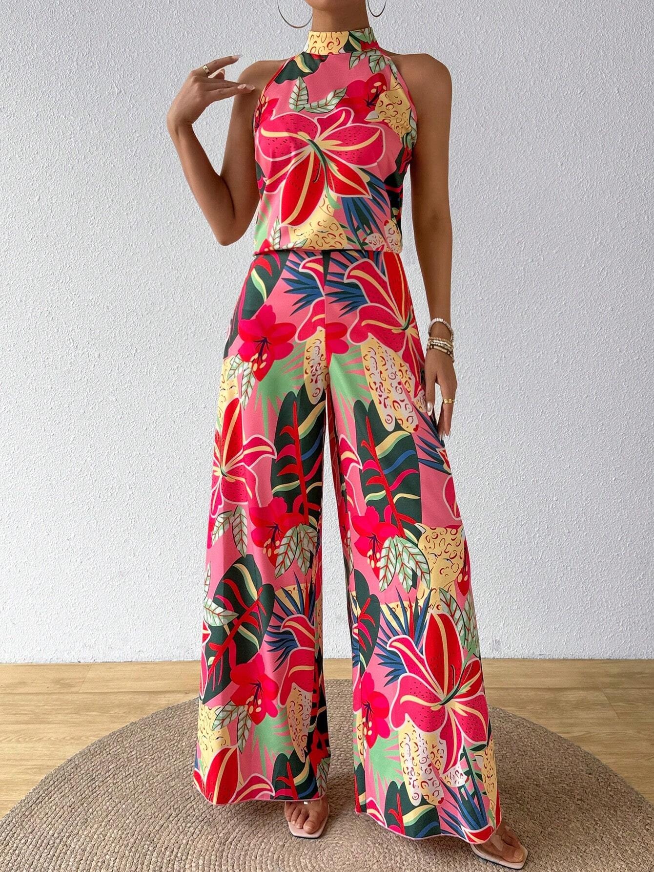 Holiday Flower Neckholder Top & Wide Legs Two-Piece Set