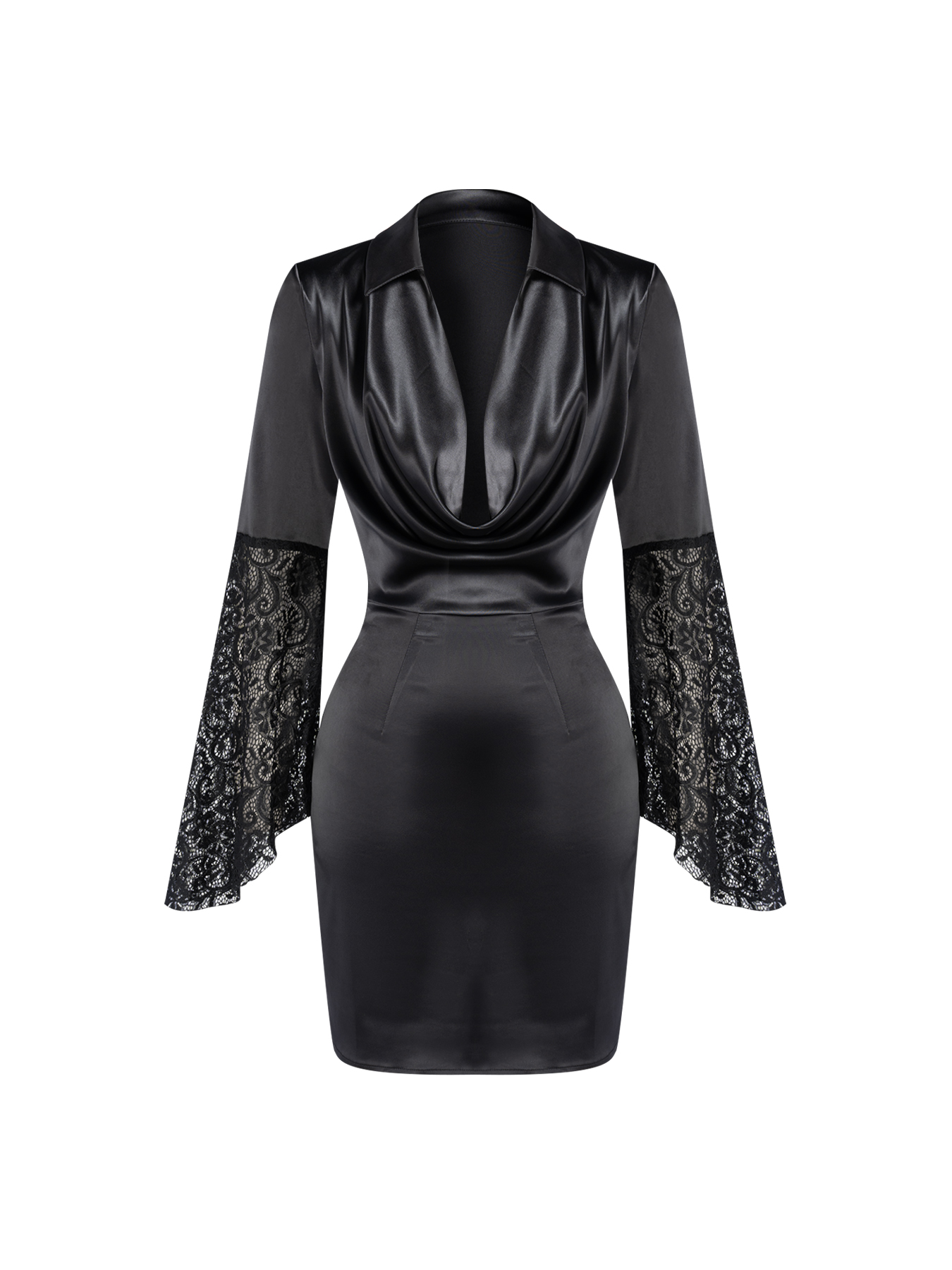 Woman's Black Satin Cowl Neck Collared Lace Bell Sleeve Bodycon Mini Dress