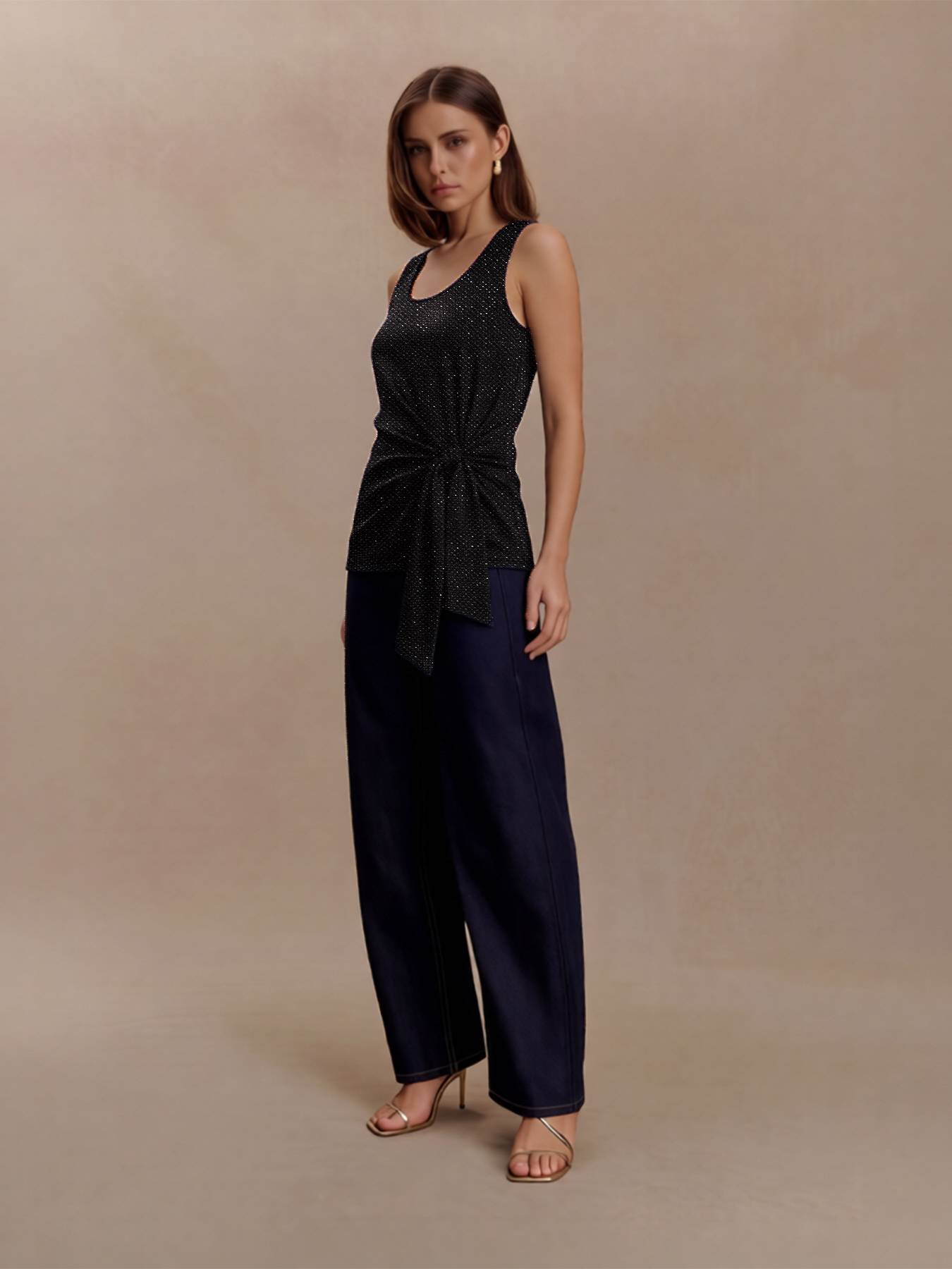 2026 Spring Summer Contemporary Crochet Cami - Metallic-Look Openwork Scoop Neck Essential Top