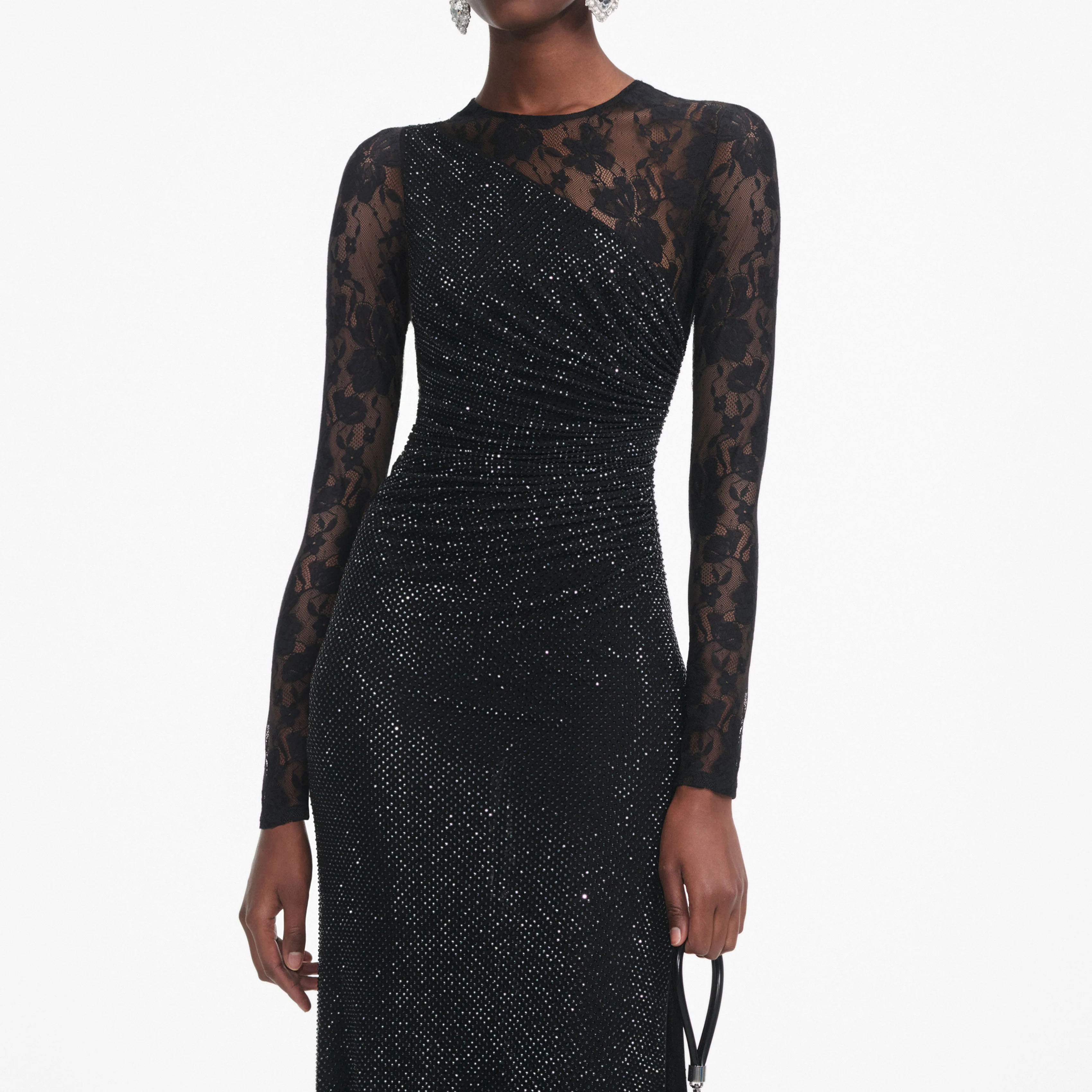 Woman's Light Luxury Sparkle Black Rhinestone Dress: Lace-Sleeve Ruched Slit Maxi Dress