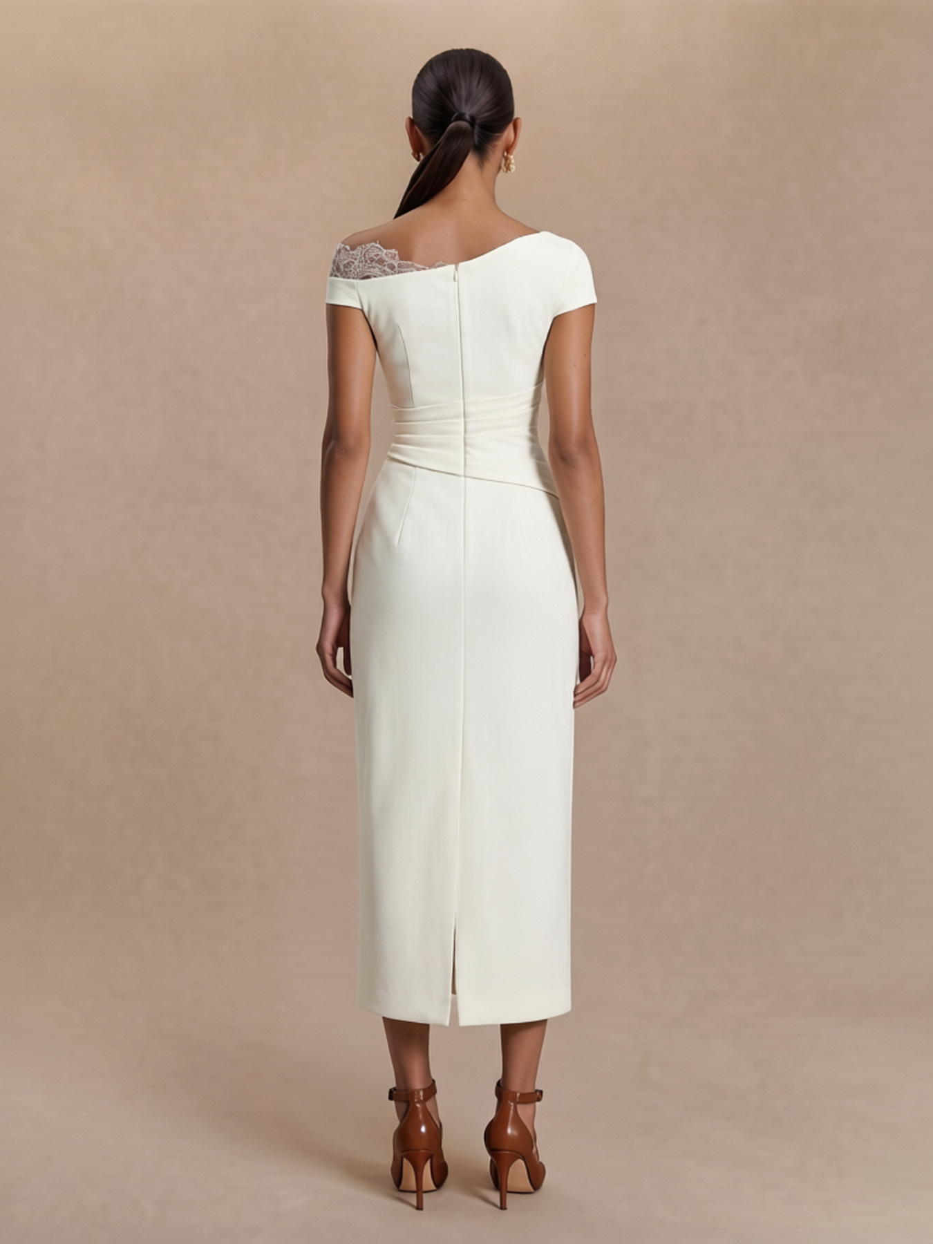 Asymmetric Off Shoulder Lace Trim Midi Dress