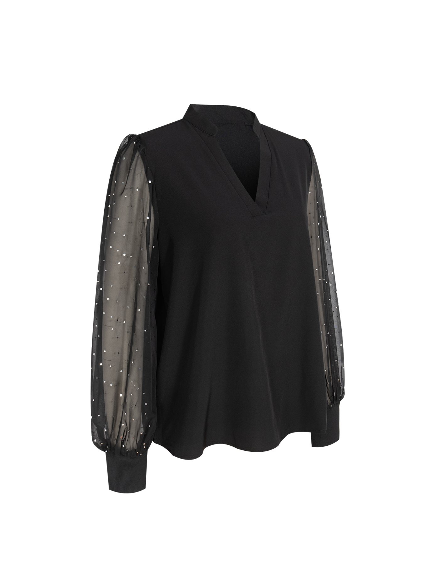 Women's V-Neck Blouse with Sheer Glittery Lantern Sleeves