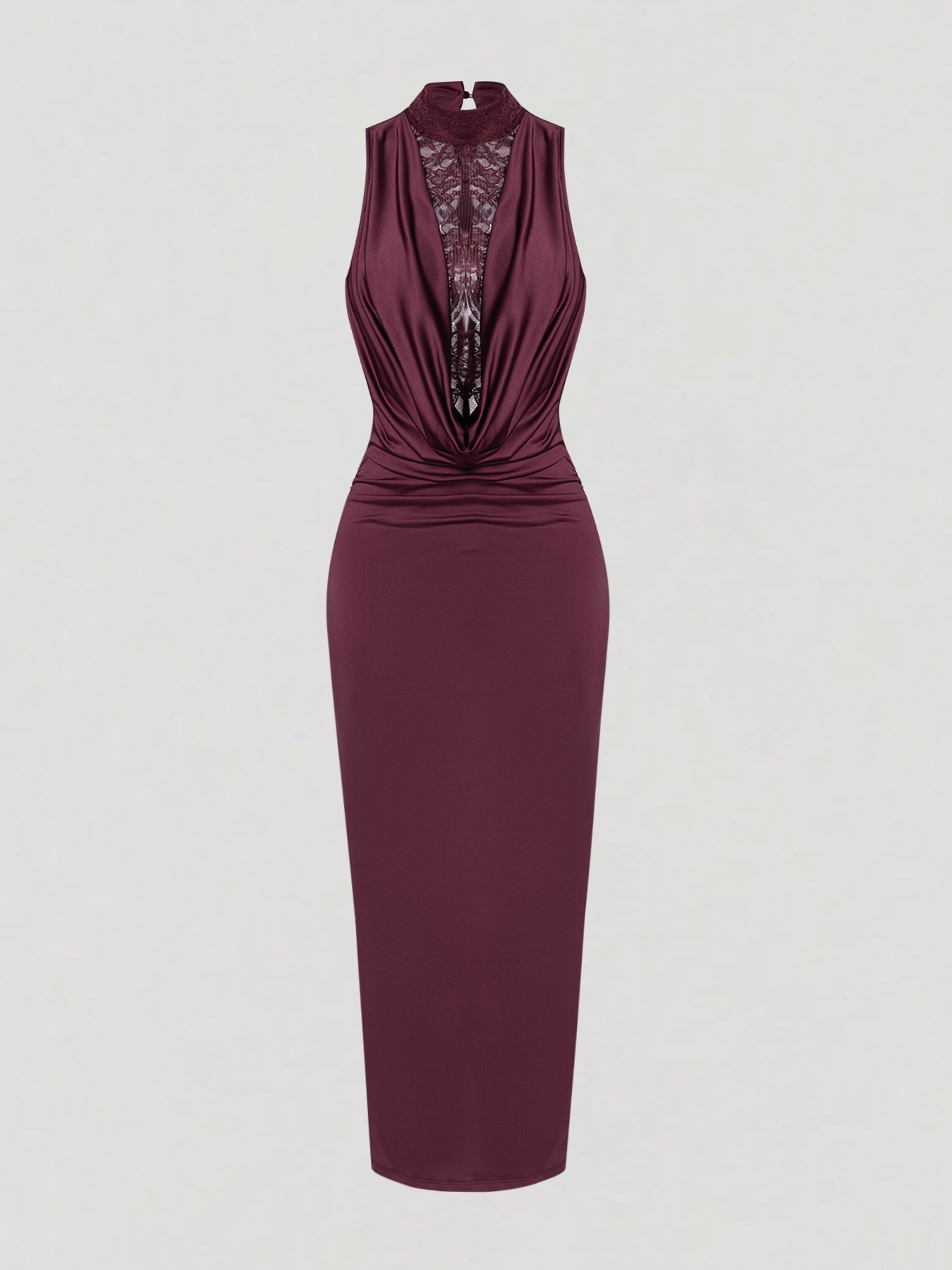 Woman's Burgundy Lace High Neck Sleeveless Bodycon Maxi Dress