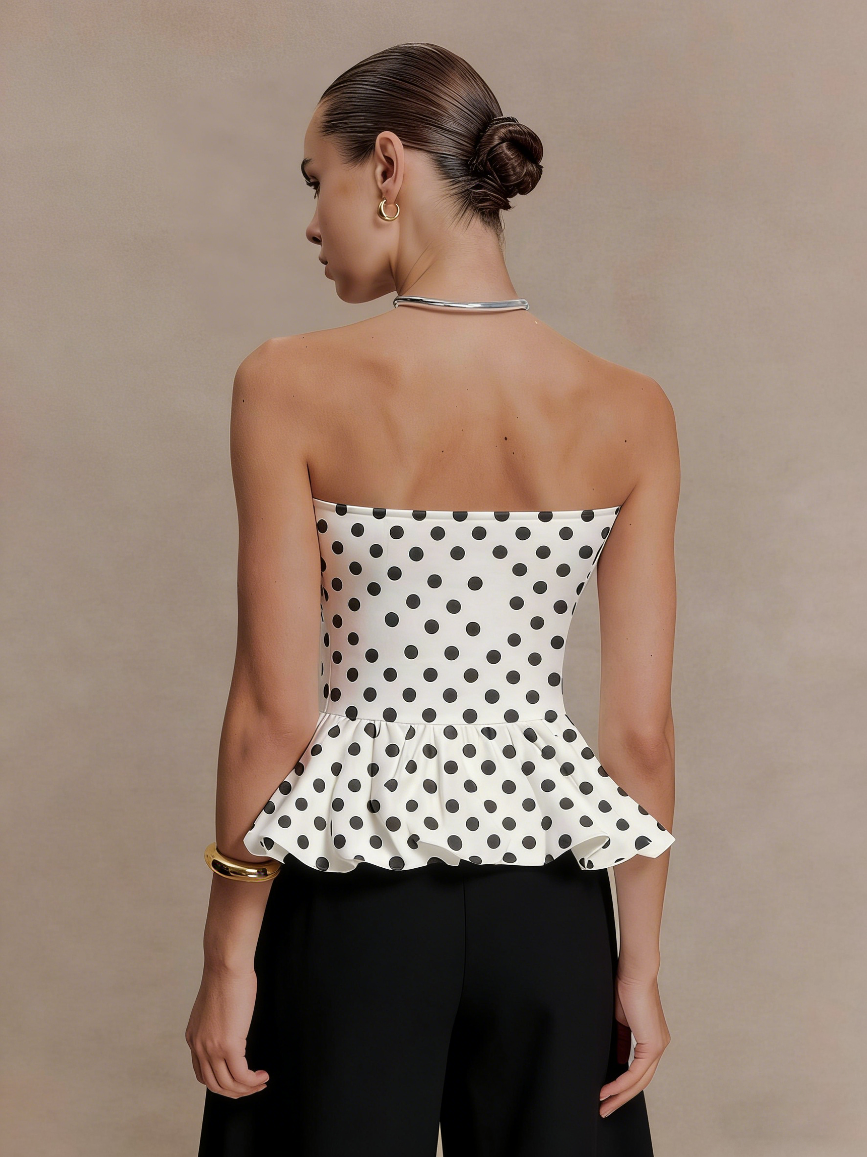Elegant Halter Neck Deep V Metal Detail Polka Dot Peplum Casual Cami Top