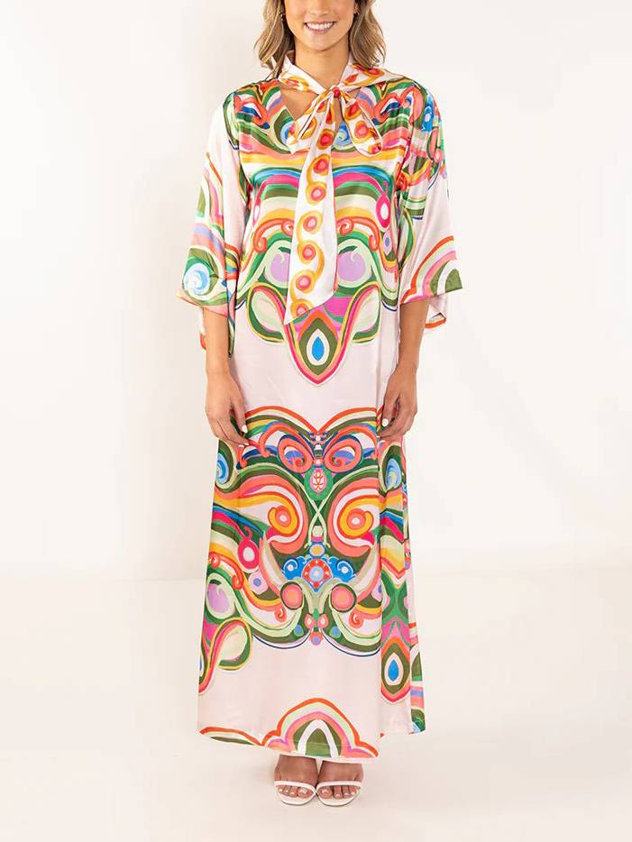 Retro Abstract Print Satin Maxi Dress
