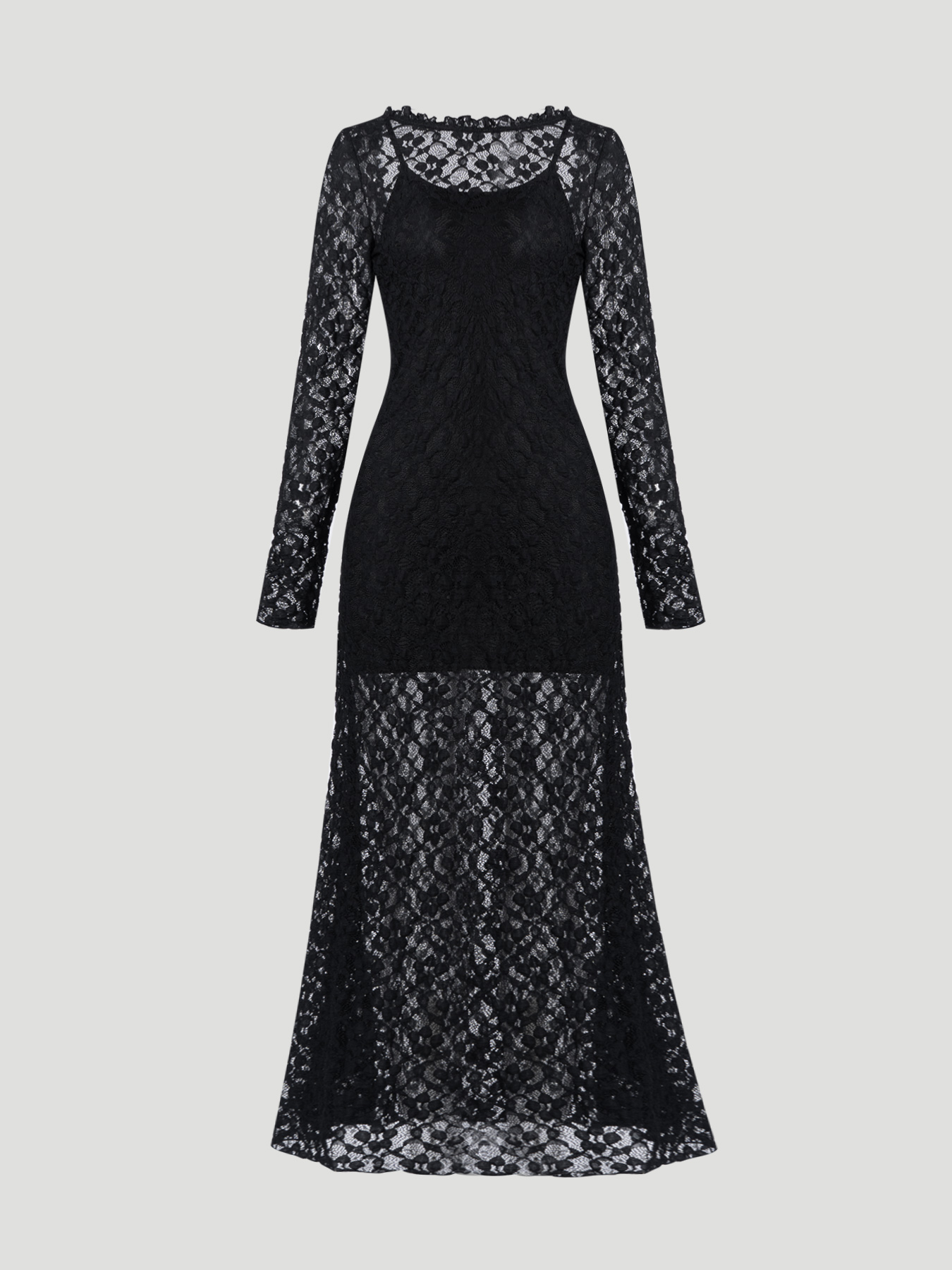 Black lace halter dress, long sleeve slimming fishtail dress, dinner party hot girl style sexy dress
