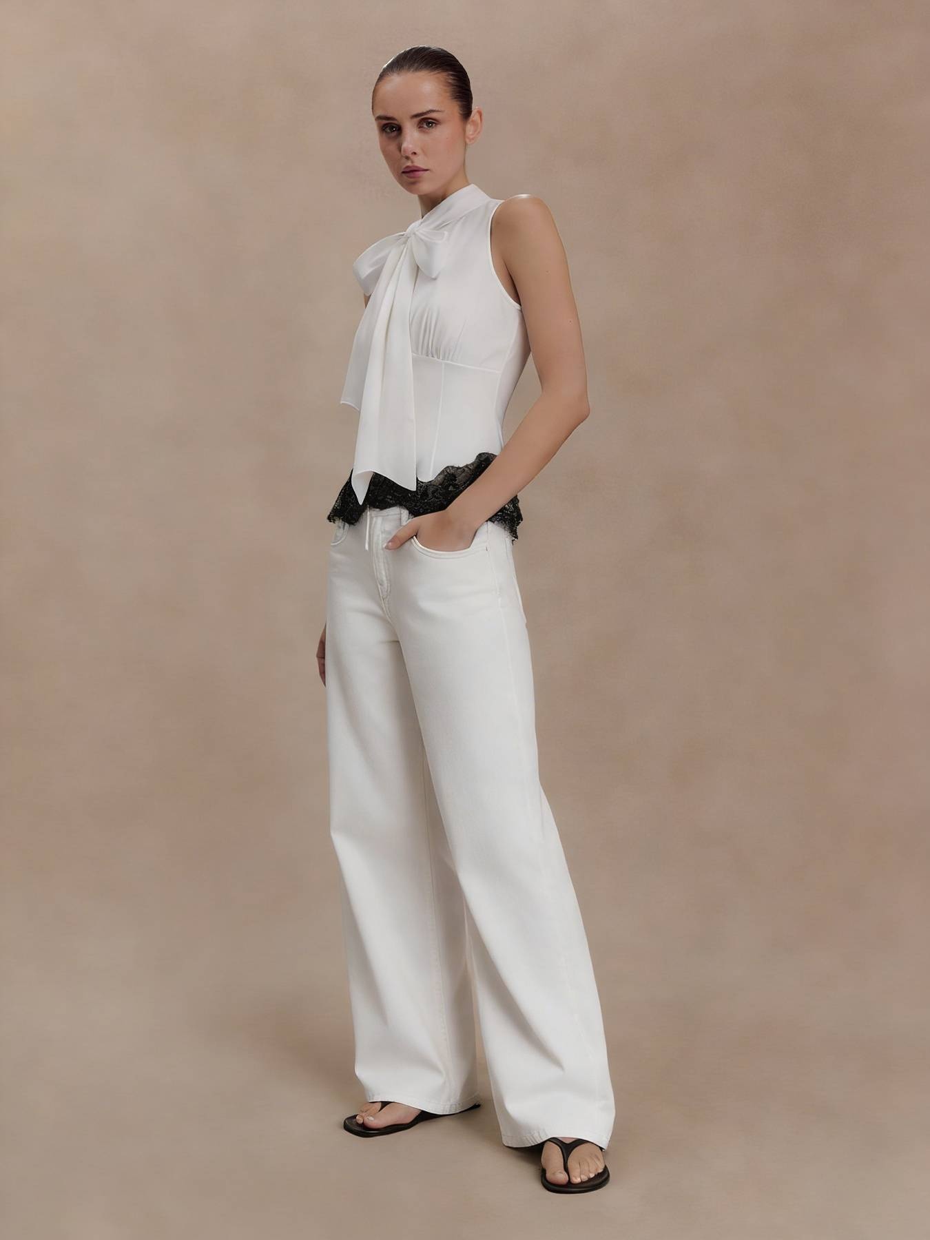 Women's Elegant Sleeveless High Neck Bow Detail Ruched Lace Trim Blouse