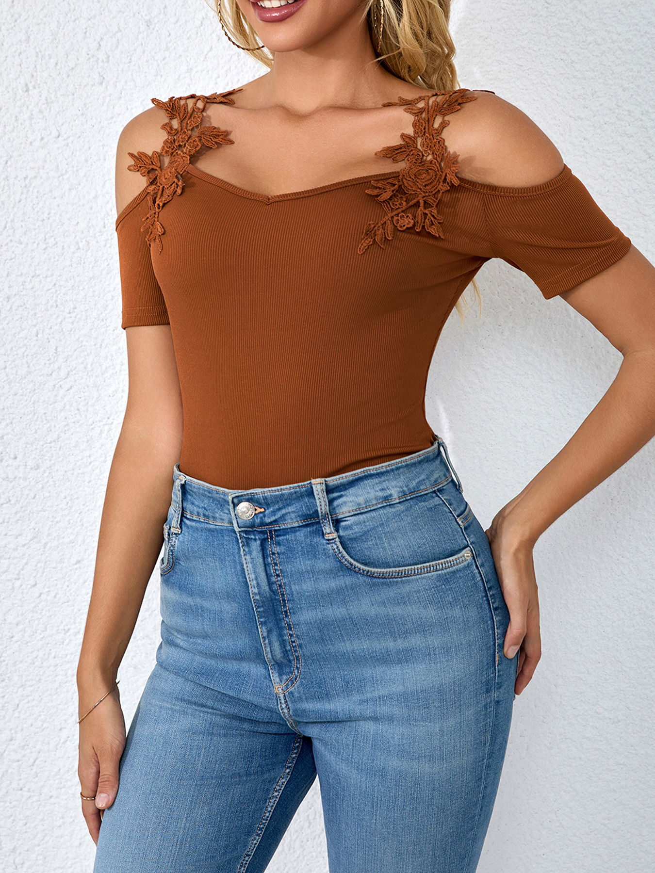 Women's Brown Off-Shoulder Top with Lace Embellished Straps