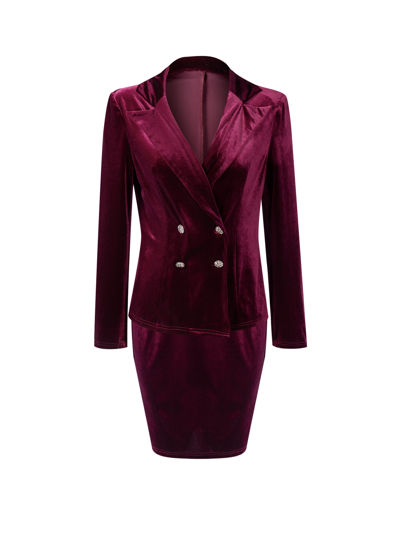 Woman's Burgundy Velvet Double-Breasted Blazer and Pencil Skirt Set