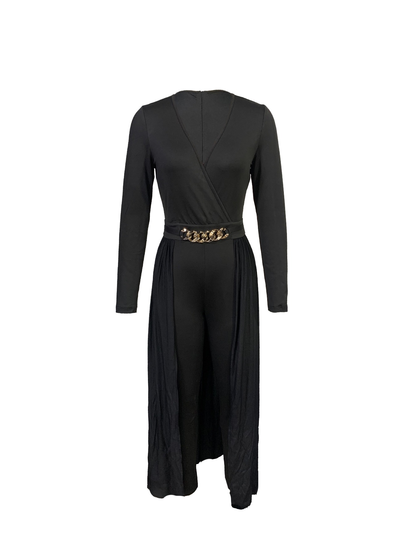 Women's Black Deep V-Neck 3/4 Sleeve Jumpsuit with Chain Belt and Chiffon Overlay