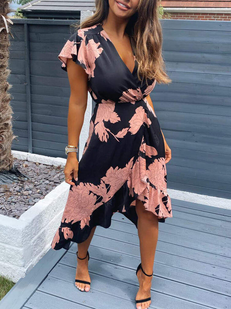 Black and Blush Floral Print Wrap Midi Dress