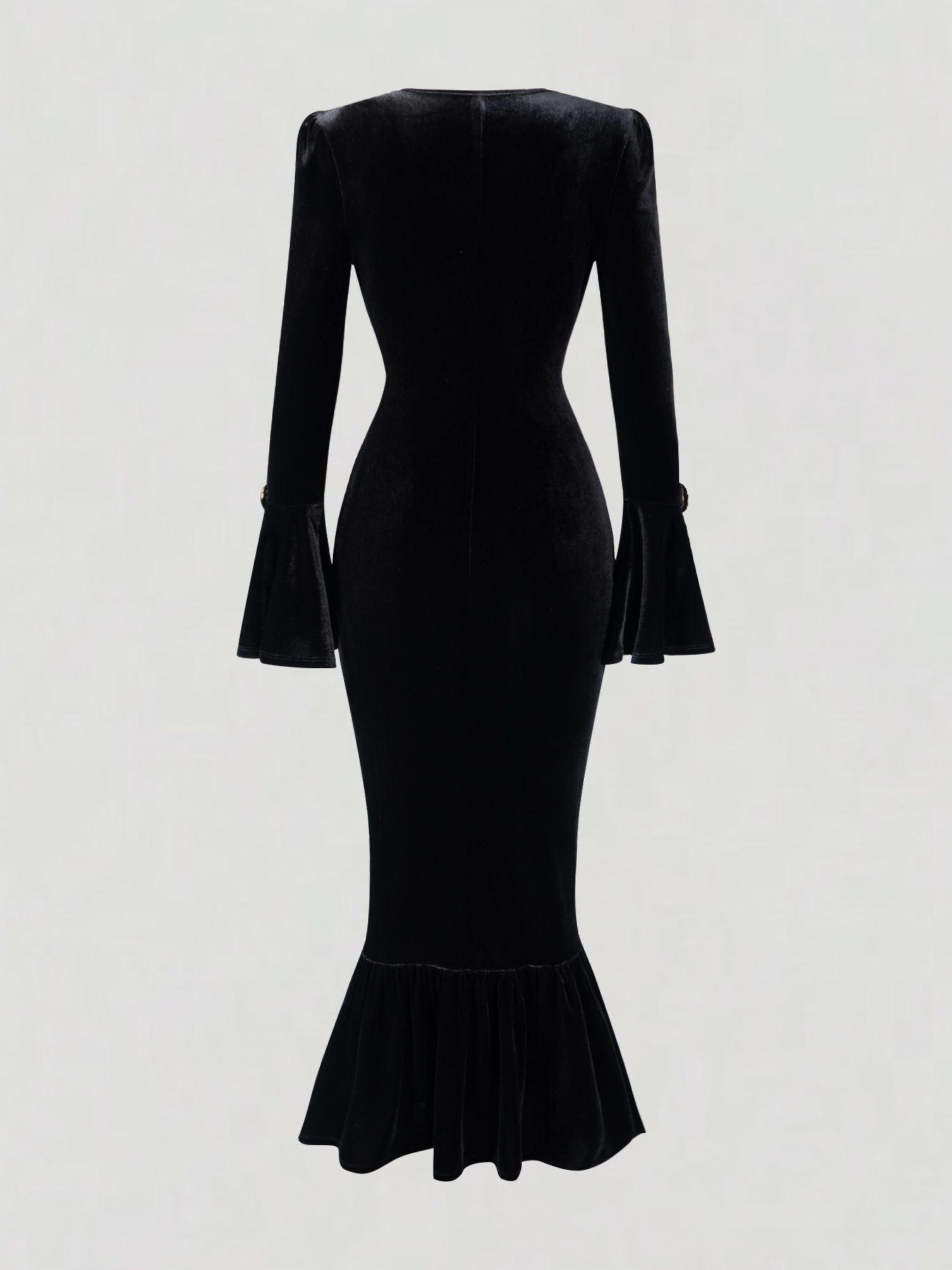 Woman‘s Black Velvet V-Neck Bell Sleeve Button-Embellished Mermaid Maxi Dress