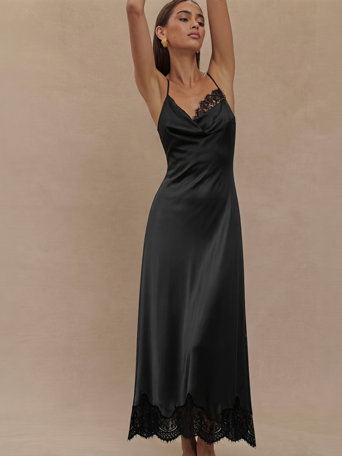 2026 Spring Summer Lace Paneled Satin Slip Dress : Draped Neck Backless Maxi Sexy Dress