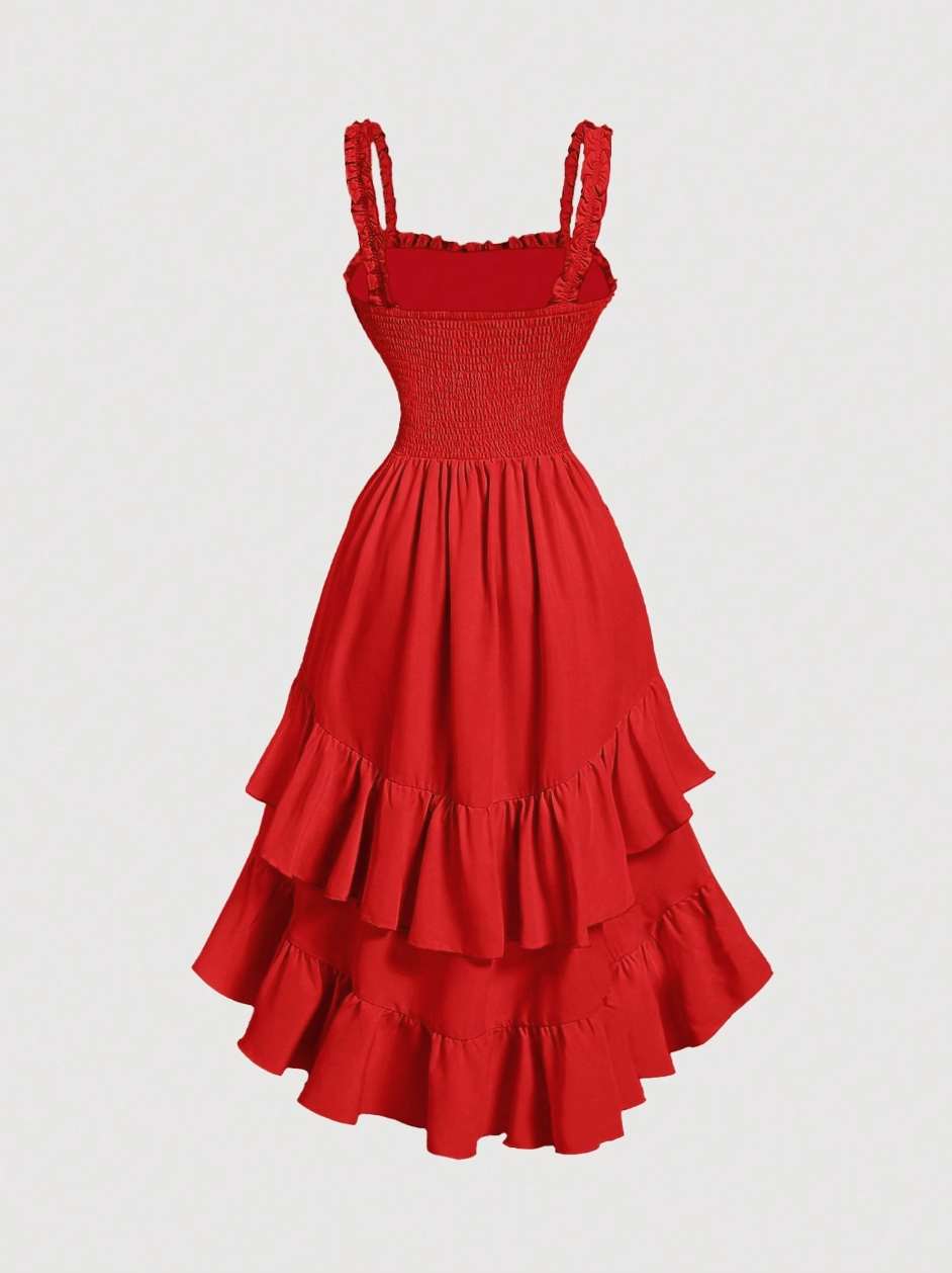 Red Ruffled High-Low Hem Cami Dress