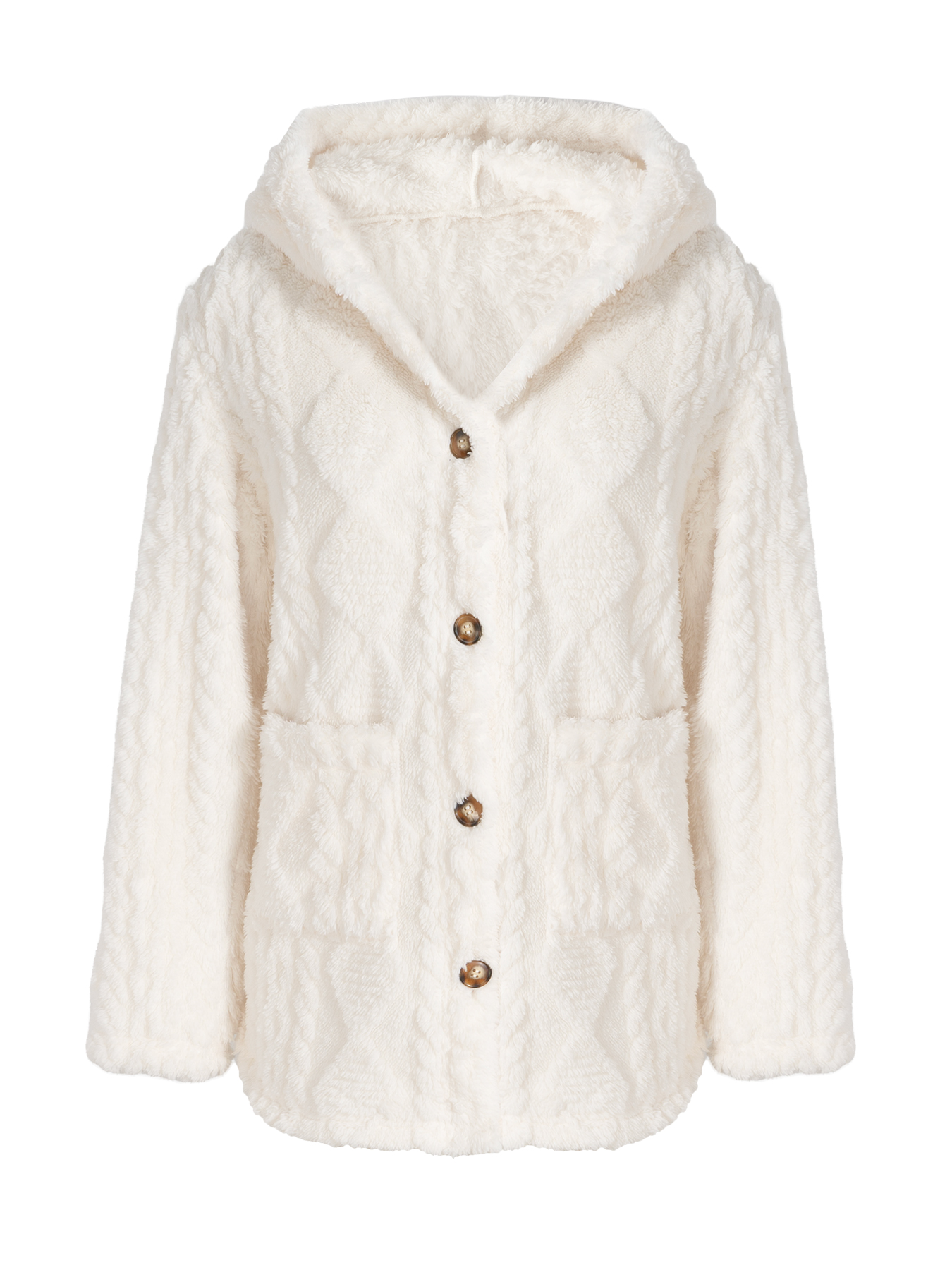 Woman's Cream Faux Fur Hooded Coat with Cable Knit Texture & Metal Buttons