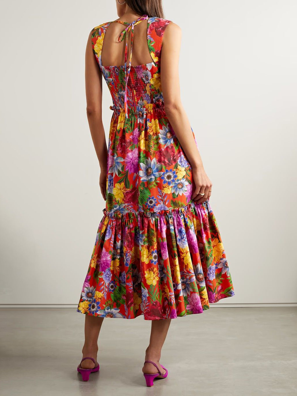 Vibrant Multicolor Floral Print Sleeveless Ruffle Hem Midi Dress