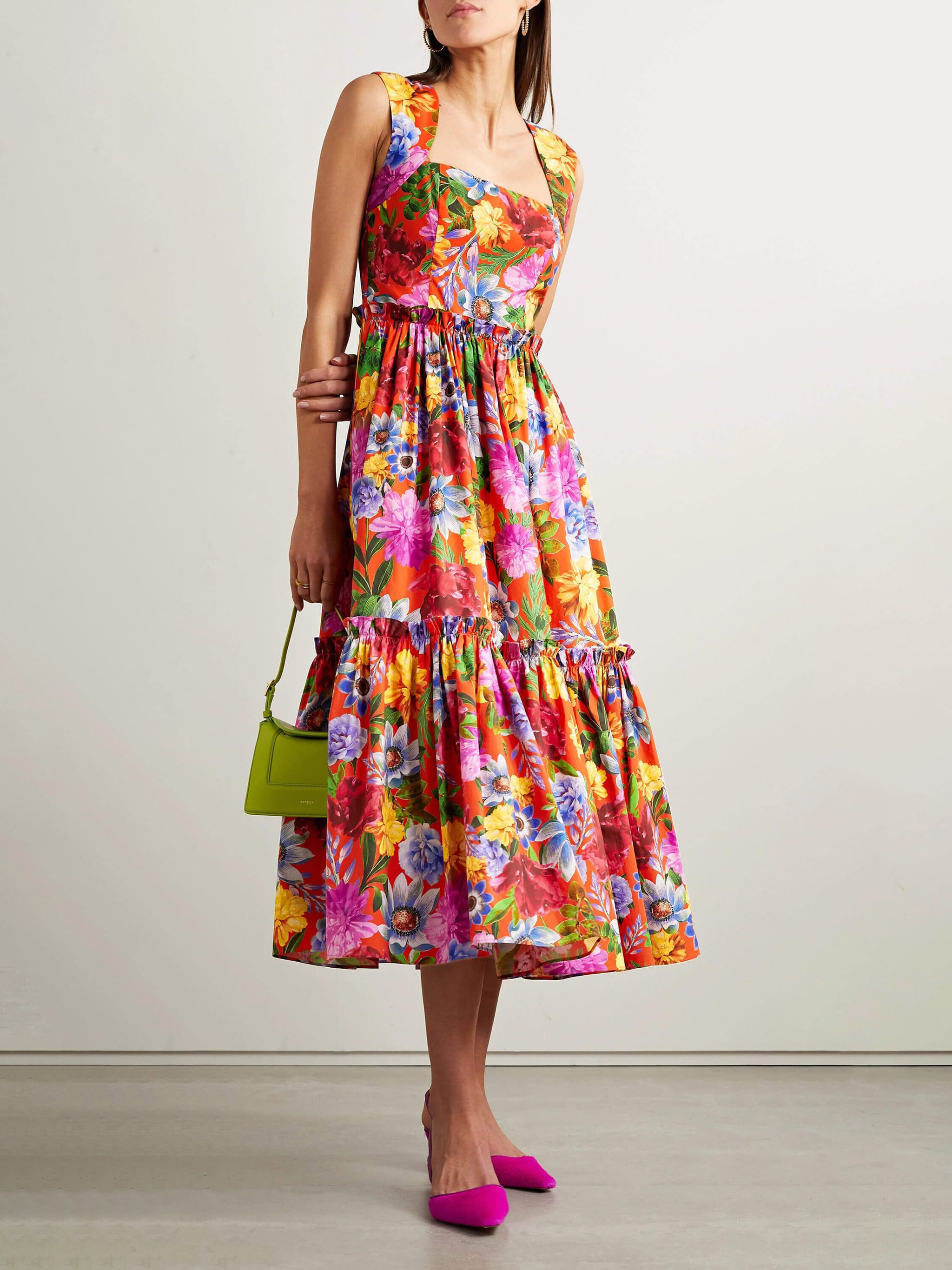 Vibrant Multicolor Floral Print Sleeveless Ruffle Hem Midi Dress