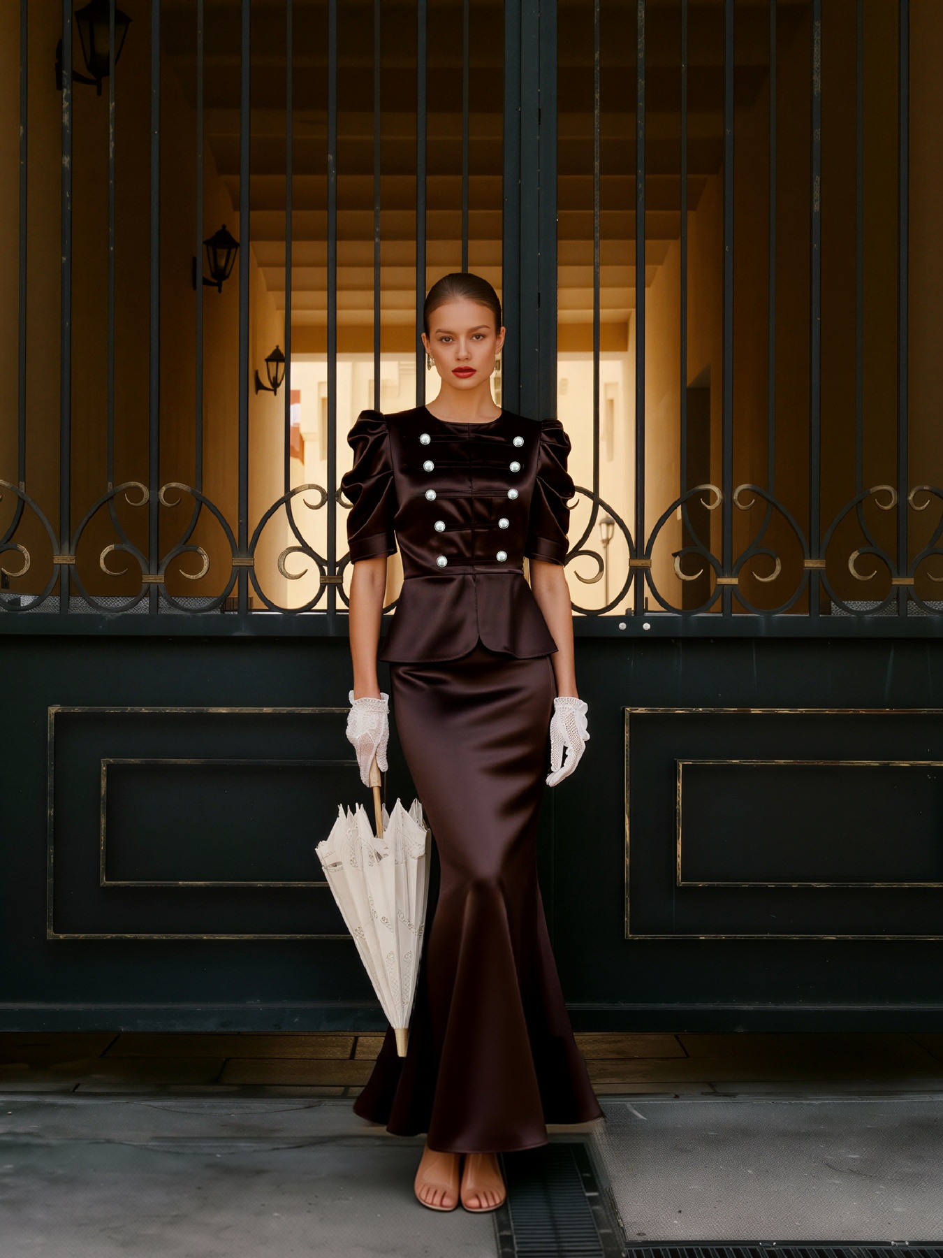 2026 Spring Summer Deep Mocha Satin Tailored Suit Set - Vintage-Inspired Bubble Sleeves, Double-Breasted Waist & Fishtail Midi Skirt-Aetheryn