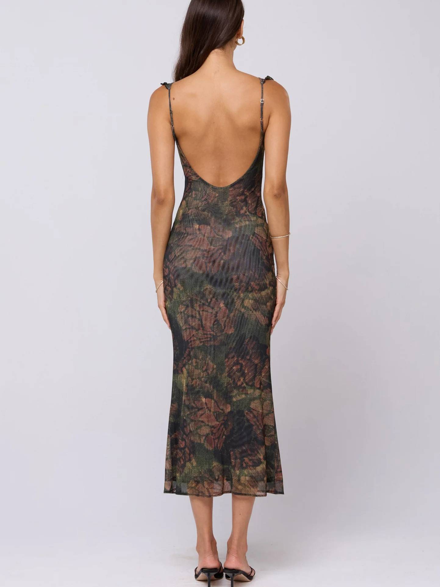 Spaghetti Strap Floral Print Ribbed Sheer Fishtail Hem Midi Dress