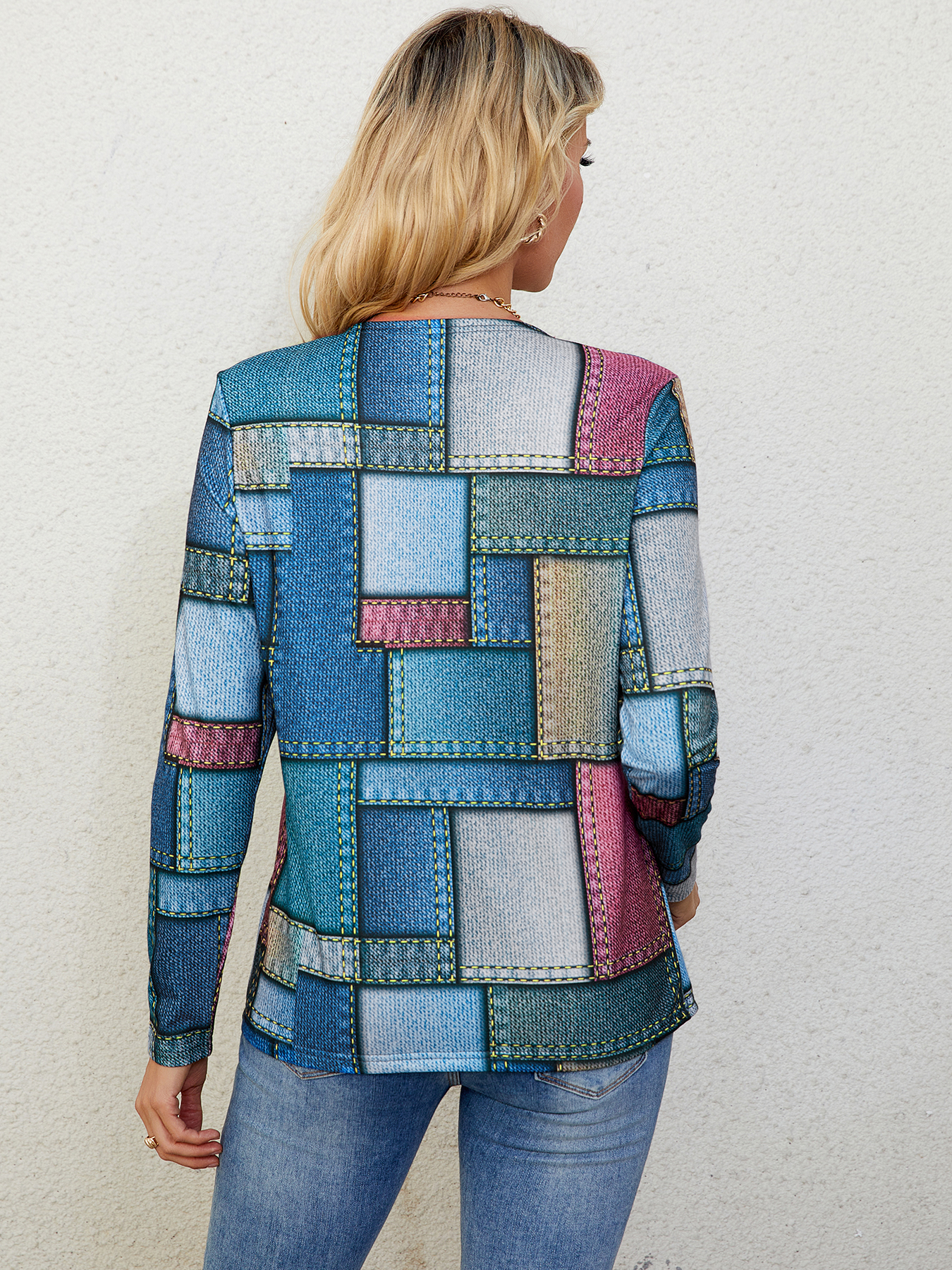 Women's Color Block Patchwork Print Half-Zip Long Sleeve Top