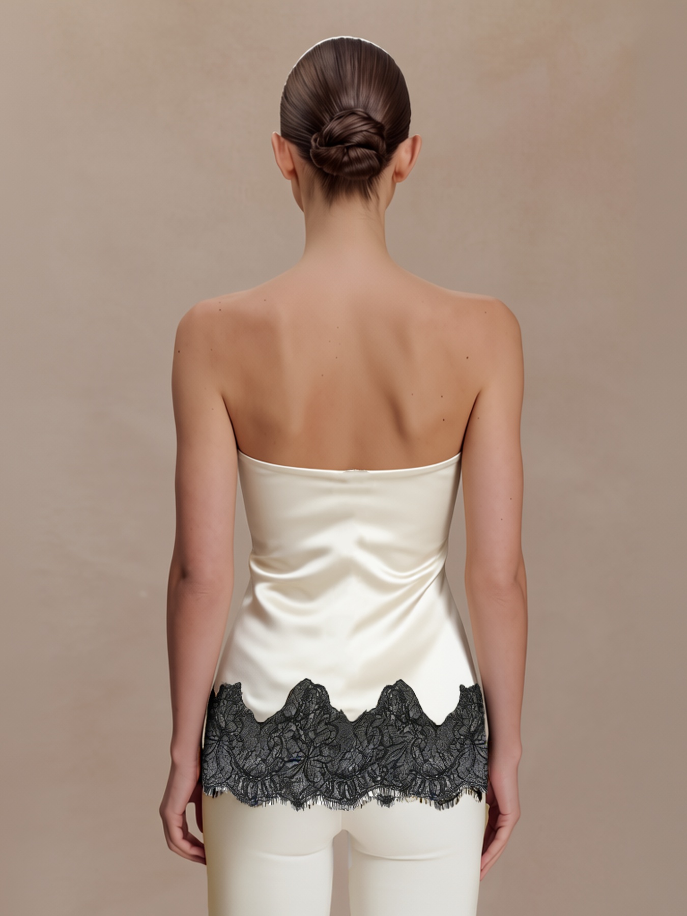 2026 Spring Summer Sophisticated Satin Strapless Top: Black Lace Wave-Edge Design, High-End Commute Piece