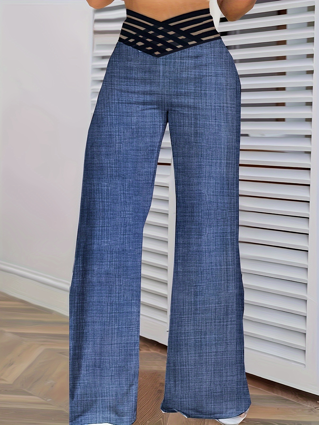 Women's Blue Wide-Leg Pants with Crisscross Waist Detail